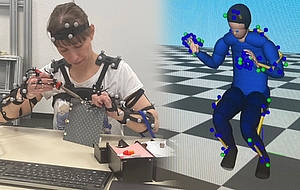 dies ist ein zweigeteiltes Bild, links eine Frau mit einem Lötkolben im Einsatz, rechts ist die Haltung der Person digital mit Hilfe eines Avatars abgebildet
