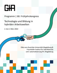 Plakat mit Infos zum Kongress, in der Mitte berühren sich eine stilisierte Menschenhand mit einer Computerhand, im unteren Bildteil befinden sich bunte Quadrate in den verschiedenen Blautönen und gunkelgelb