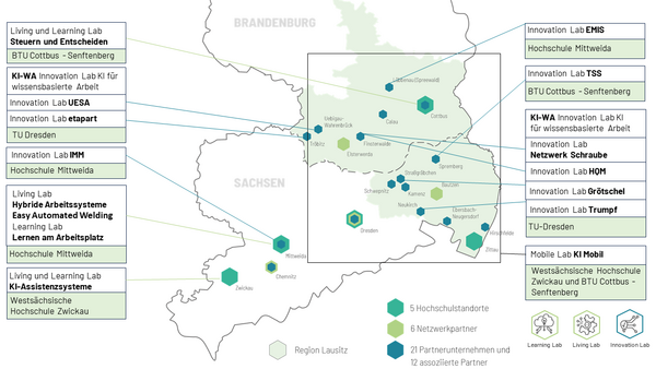 Übersichtsbild | in der Mitte eine Landkarte von Sachsen und Brandenburg, an den Rändern rechts und links sind die Projektpartner aufgelistet