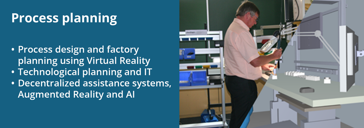 The research focus "Process Planning" includes: process design and factory planning using virtual reality; technological planning and IT; decentralized assistance systems, augmented reality, and AI. The image on the right shows an assembly line with a person standing, depicted both in real life and in VR.