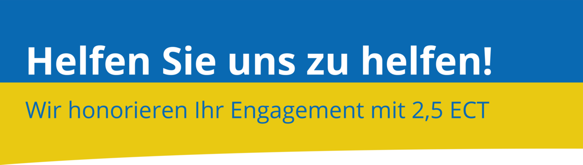 Banner in den Farben der Ukraine-Flagge mit der Aufschrift "Helfen Sie uns zu helfen! Wir honorieren Ihr Engagement mit 2,5 ECT"