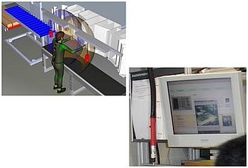 Bild links: VR-Abbildung eines Menschen am Arbeitsplatz mit Greifräumen | Bild rechts: Ausschnitt aus Montagesystem, Bildschirm mit mulitmedialem Arbeitsplan und Schrauber
